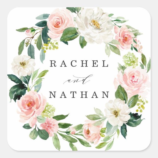 Blush White Bloom Floral Wreath Wedding Square Sticker (Front)