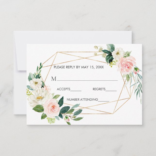 Blush White Bloom Gold Frame Floral Wedding RSVP Card (Front)