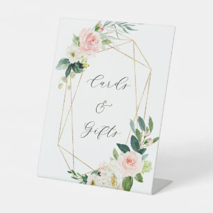 Blush White Bloom Gold Frame Wedding Cards & Gifts Pedestal Sign