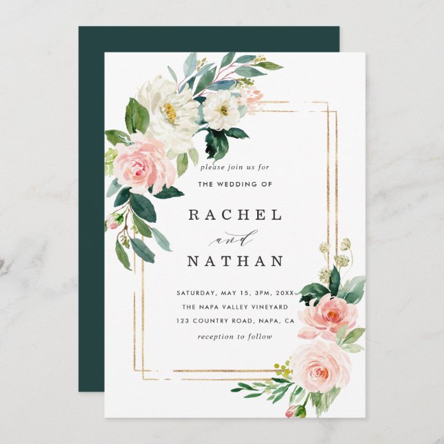 Blush White Bloom Gold Frame Wedding Invitation (Front/Back)