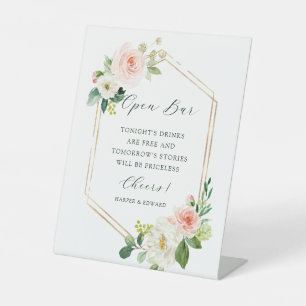 Blush White Bloom Gold Hexagon Frame Open Bar Pedestal Sign