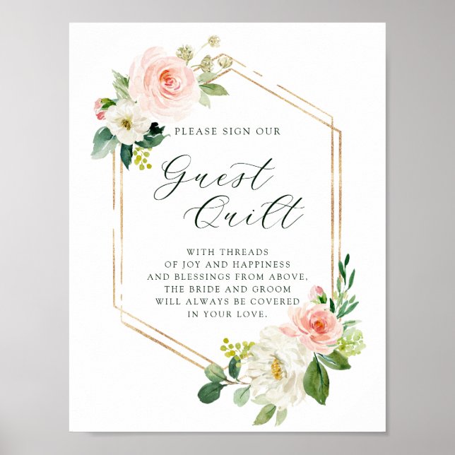 Blush White Bloom Gold Hexagon Wedding Guest Quilt Poster (Front)