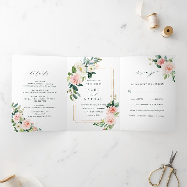 Blush White Bloom Gold Rectangle Frame Wedding Tri-Fold Invitation (Inside)