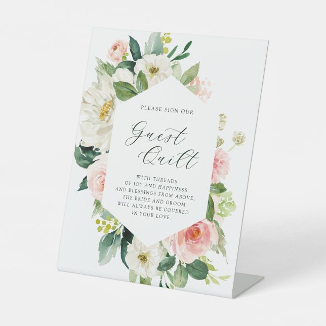 Blush White Bloom Hexagon Wedding Guest Quilt Pedestal Sign (Front)