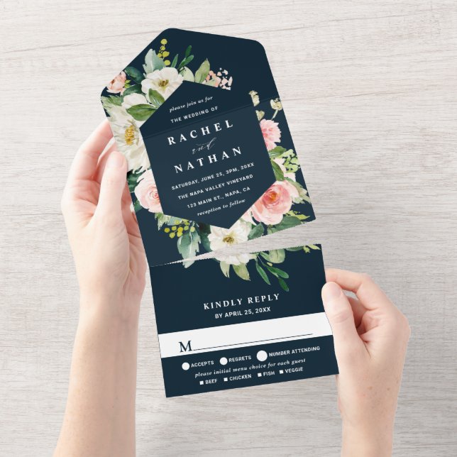 Blush White Bloom Navy Blue Hexagon Wedding All In One Invitation (Tearaway)