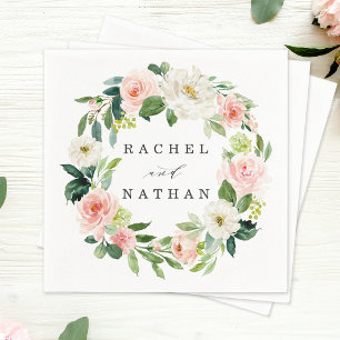 Blush White Bloom Watercolor Floral Wreath Wedding Napkin