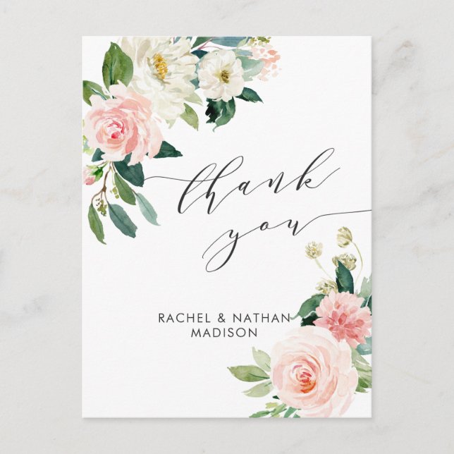Blush White Bloom Watercolor Wedding Thank You Postcard (Front)