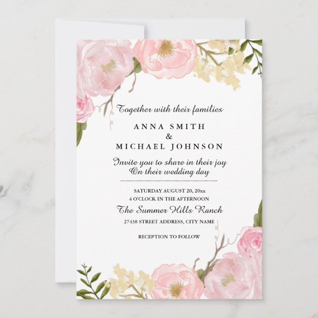 Blush White Botanical Floral Wedding Invitation (Front)