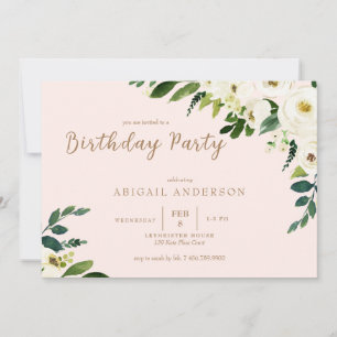 Blush & White Dripping Flowers Birthday Party Invitation