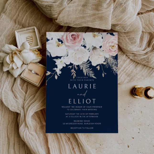 Blush & White Dusty Pink Navy Floral Wedding Invitation (Creator Uploaded)