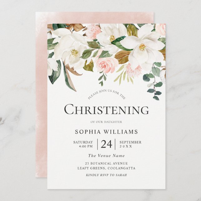 Blush & White Floral Beautiful Christening Baptism Invitation (Front/Back)
