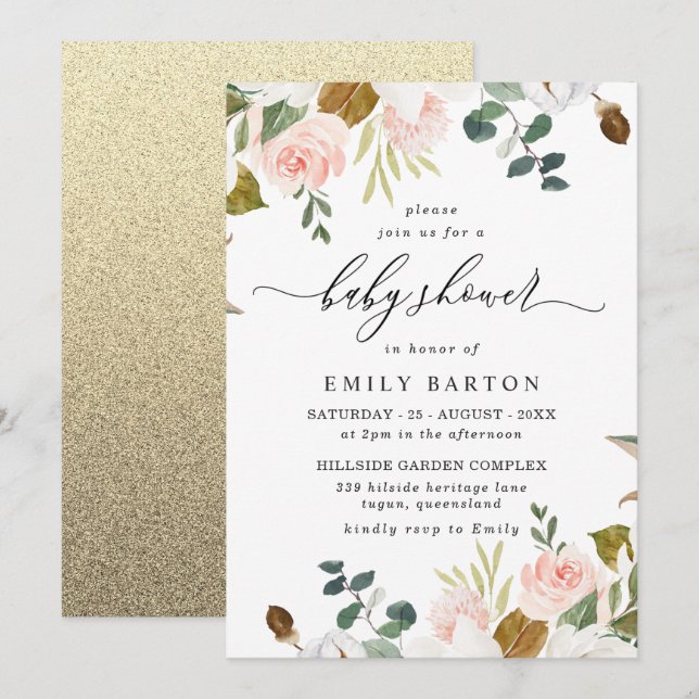 Blush & White Floral Gold Glitter Baby Shower Invitation (Front/Back)