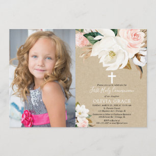 Blush white floral rustic girl first communion invitation
