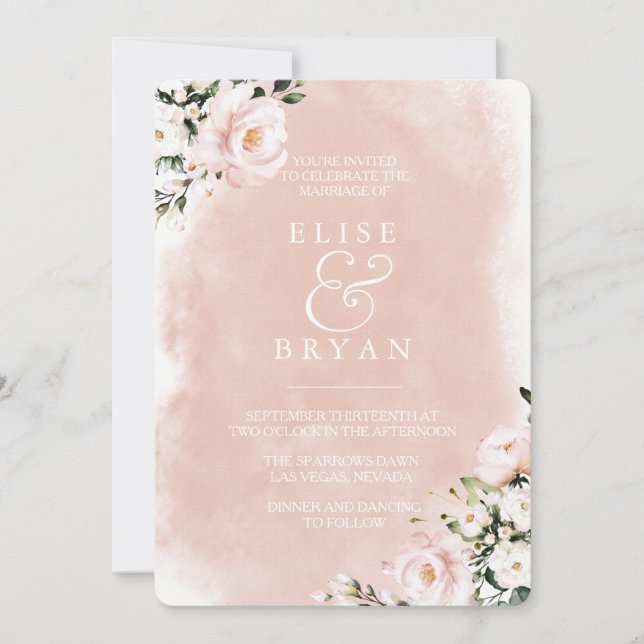 Blush & White Floral Watercolor Beautiful Wedding Invitation (Front)
