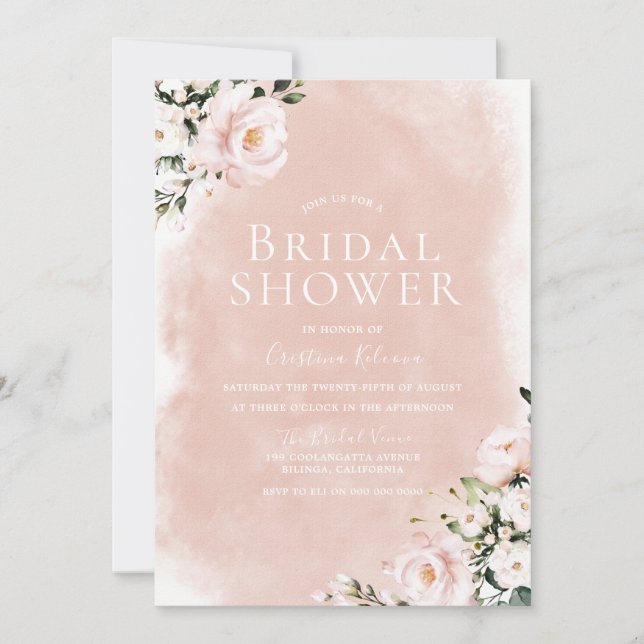 Blush & White Floral Watercolor Bridal Shower Invitation (Front)