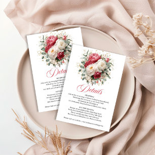 Blush white floral wedding details card gold accen