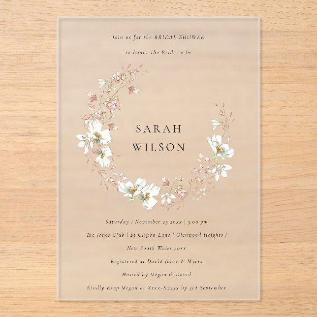 Blush White Floral Wreath Bridal Shower Invite Acrylic Invitations (Front)