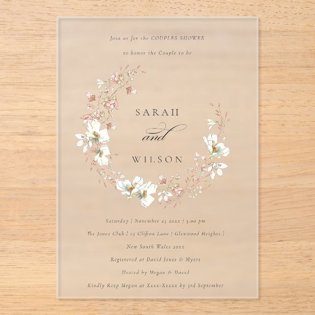 Blush White Floral Wreath Couples Shower Invite Acrylic Invitations (Front)