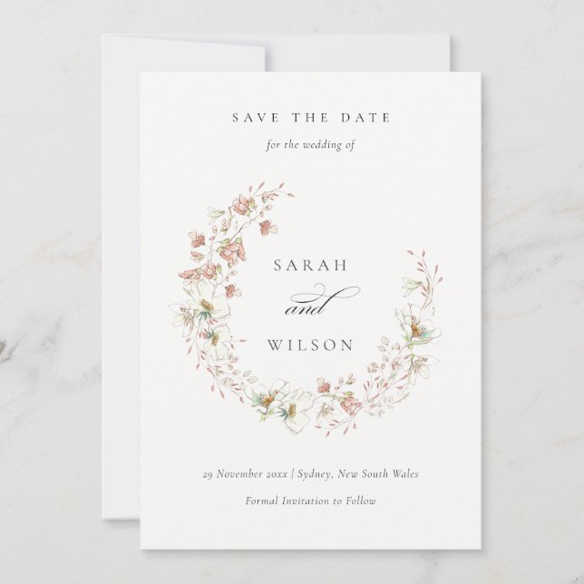 Blush White Floral Wreath Save The Date Invite (Front)