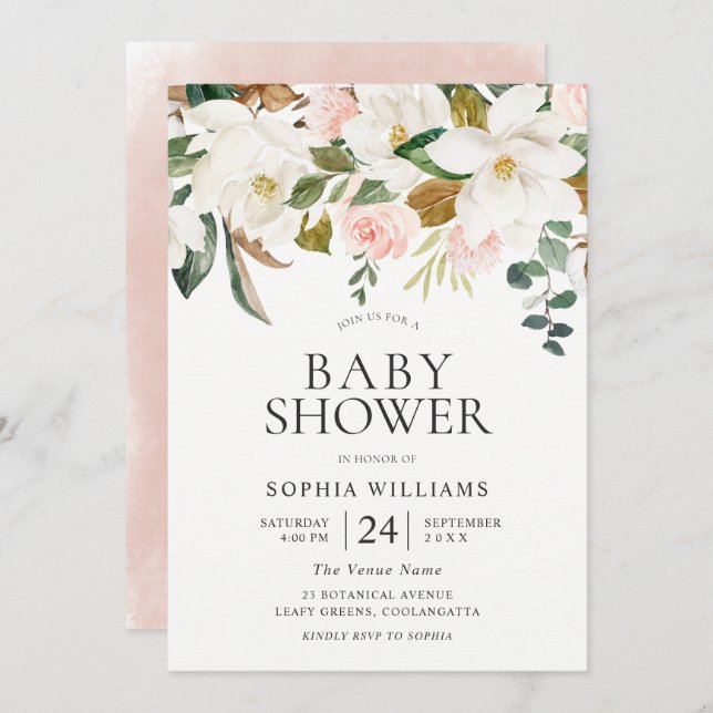 Blush & White Florals Beautiful Baby Shower Invitation (Front/Back)