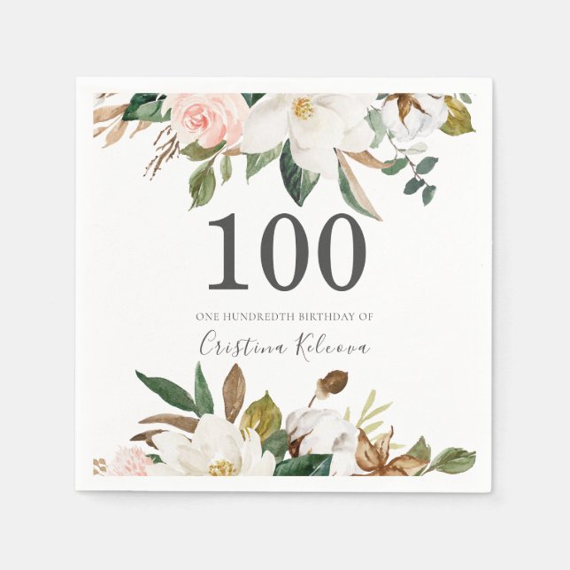 Blush & White Flowers 100th Birthday Party Napkin (Front)