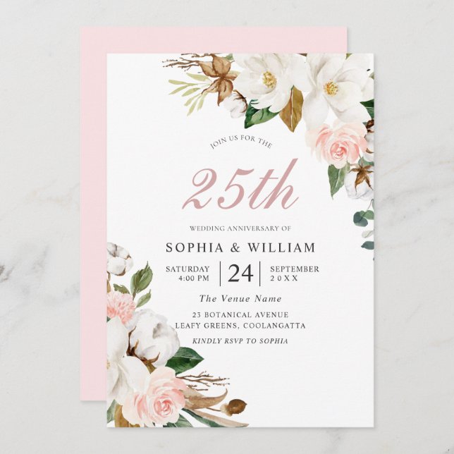 Blush & White Flowers 25th Wedding Anniversary Invitation (Front/Back)