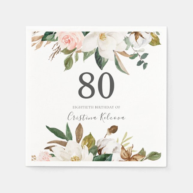 Blush & White Flowers 80th Birthday Party Napkin (Front)