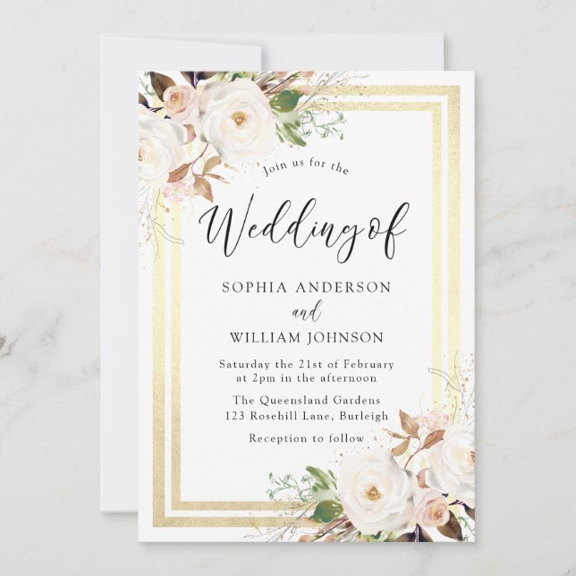 Blush White Flowers Gold Border Wonderland Wedding Invitation (Front)