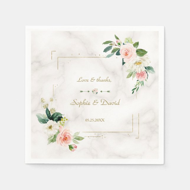 Blush White Flowers Gold Glitter Marble Wedding Napkin (Front)
