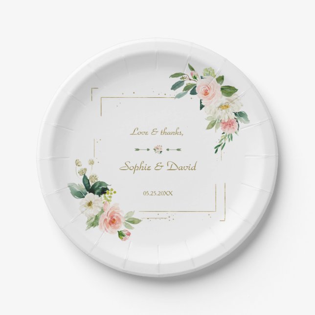 Blush White Flowers Gold Glitter Wedding Paper Plate (Front)