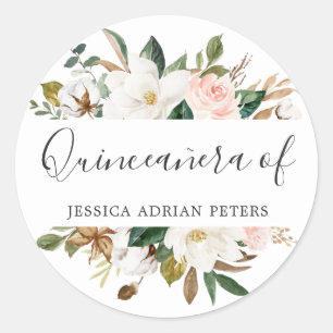 Blush & White Flowers Quinceanera Party Favour Classic Round Sticker