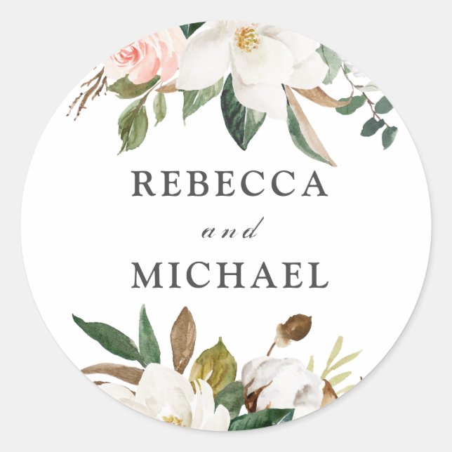 Blush & White Flowers Wedding or Engagement Party Classic Round Sticker (Front)