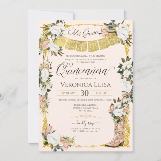 Blush White Gold Charro Floral Boot Quinceanera In Invitation (Front)