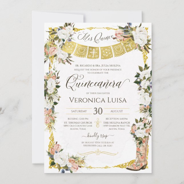 Blush White Gold Charro Floral Boot Quinceanera Invitation (Front)