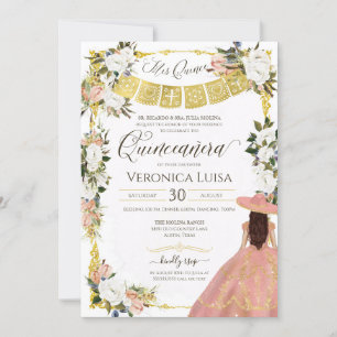 Blush White Gold Charro Floral Dress Quinceanera I Invitation