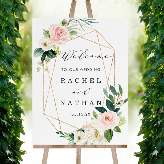 Blush White Gold Frame Floral Wedding Welcome Sign (Creator Uploaded)