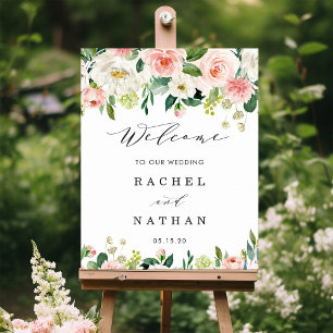 Blush White Gold Frame Floral Wedding Welcome Sign