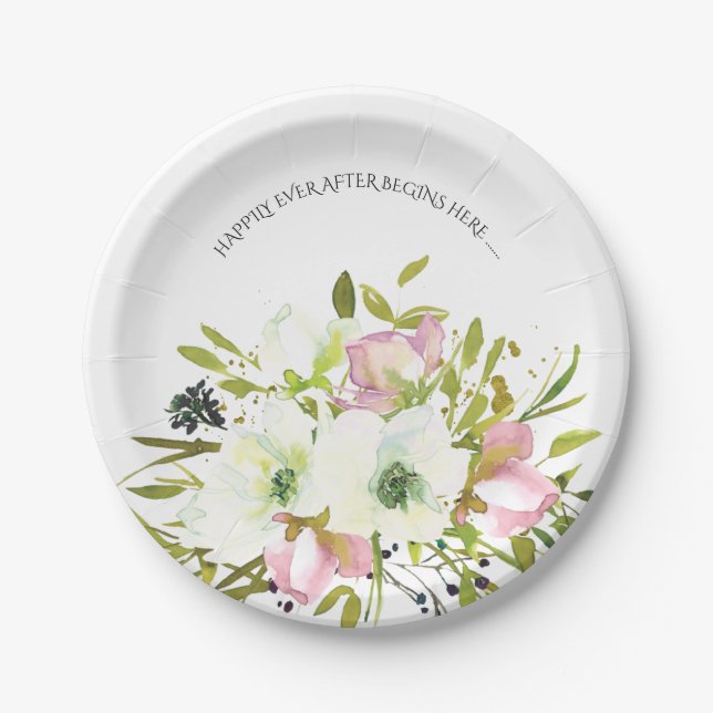 Blush & white & gold splashes with quote wedding paper plate (Front)