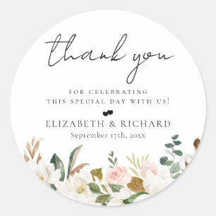 Blush White Magnolia Floral Wedding Classic Round Sticker