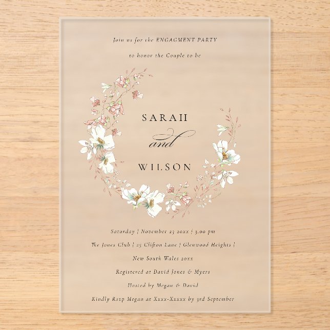 Blush White Meadow Floral Wreath Engagement Invite Acrylic Invitations (Front)