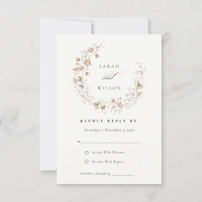Blush White Meadow Floral Wreath Wedding RSVP Card (Front)