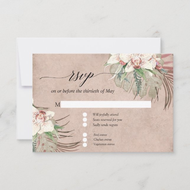 Blush White Orchid Floral Tropical Greenery RSVP Card (Front)