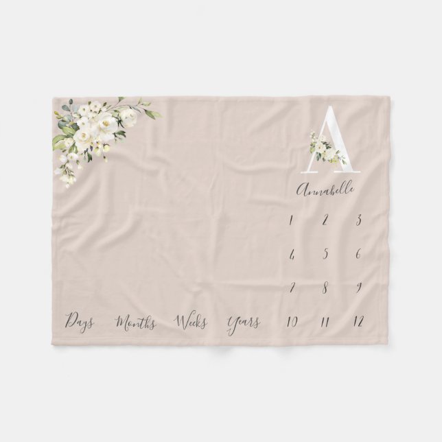 Blush White Rose Floral Letter A Baby Milestone Fleece Blanket (Front (Horizontal))