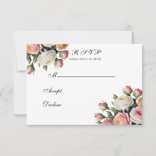 Blush, White Rose Floral Wedding RSVP Card (Front)