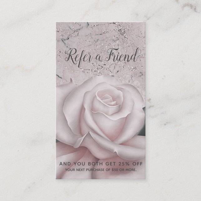 Blush White Rose Glam Modern Marble Refer a Friend Referral Card (Front)