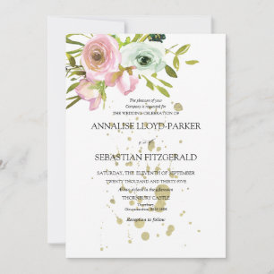 Blush & white roses with  gold splashes  invitation
