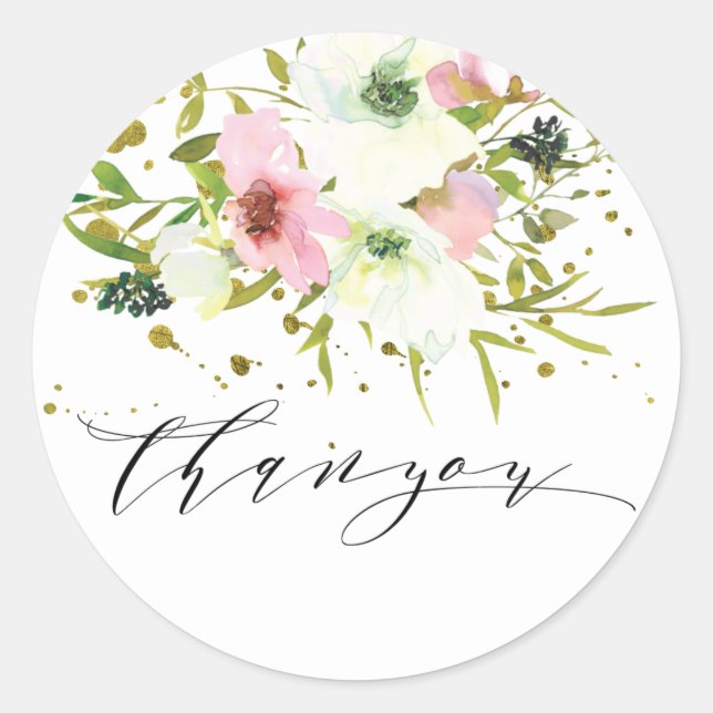 Blush & white roses with gold splashes Thankyou  Classic Round Sticker (Front)