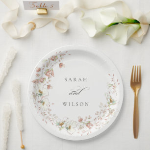 Blush White Rustic Meadow Floral Wreath Wedding Paper Plate