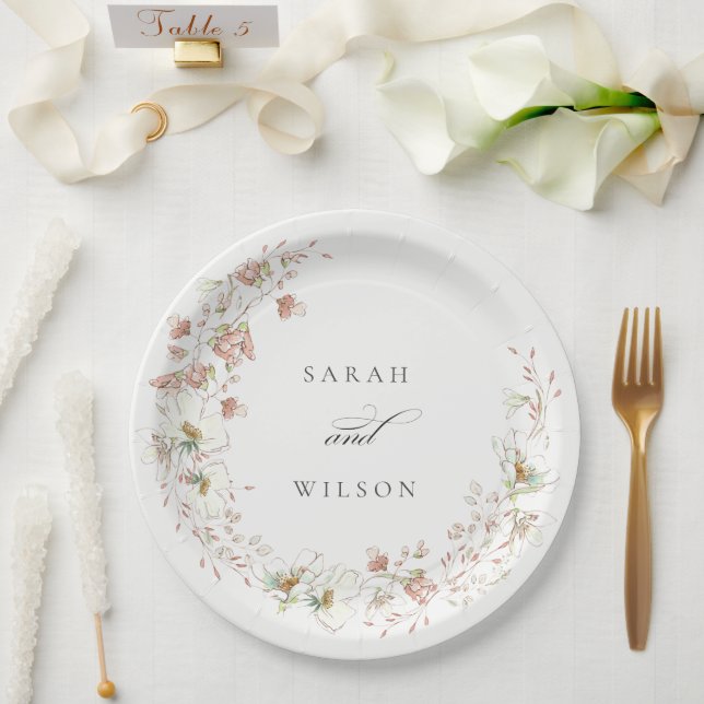 Blush White Rustic Meadow Floral Wreath Wedding Paper Plate (Wedding)