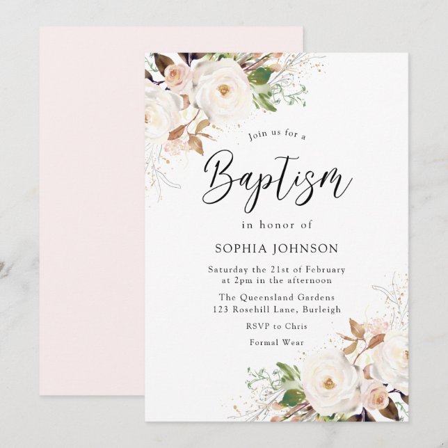 Blush White Winter Forest Baptism Invitation (Front/Back)
